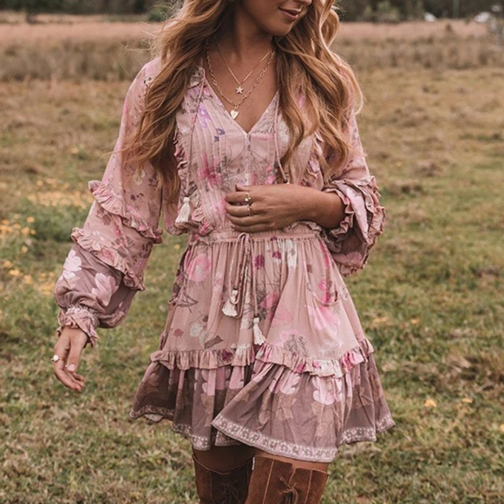 Boho floral print dress with long sleeves